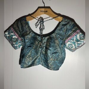 Handmade Green Indian Sari Blouse Choli | Embroidered Sleeves